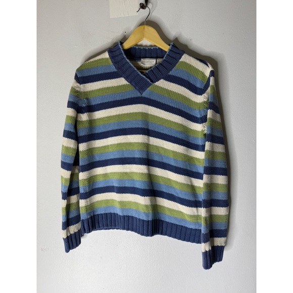 Liz Claiborne Sweaters - Liz Claiborne blue green stripe v‎ neck cotton blend pullover sweater medium